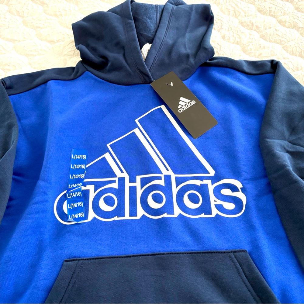Adidas Youth Blue and Navy Hoodie sweatshirt. NWT. YOUTH SIZE 14-16